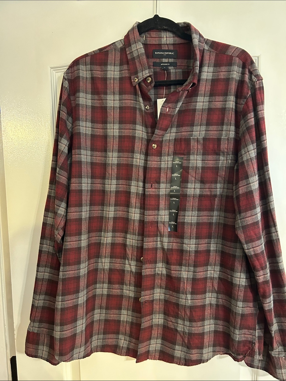 Banana Republic Men's Red and Gray Plaid Button-Down Shirt